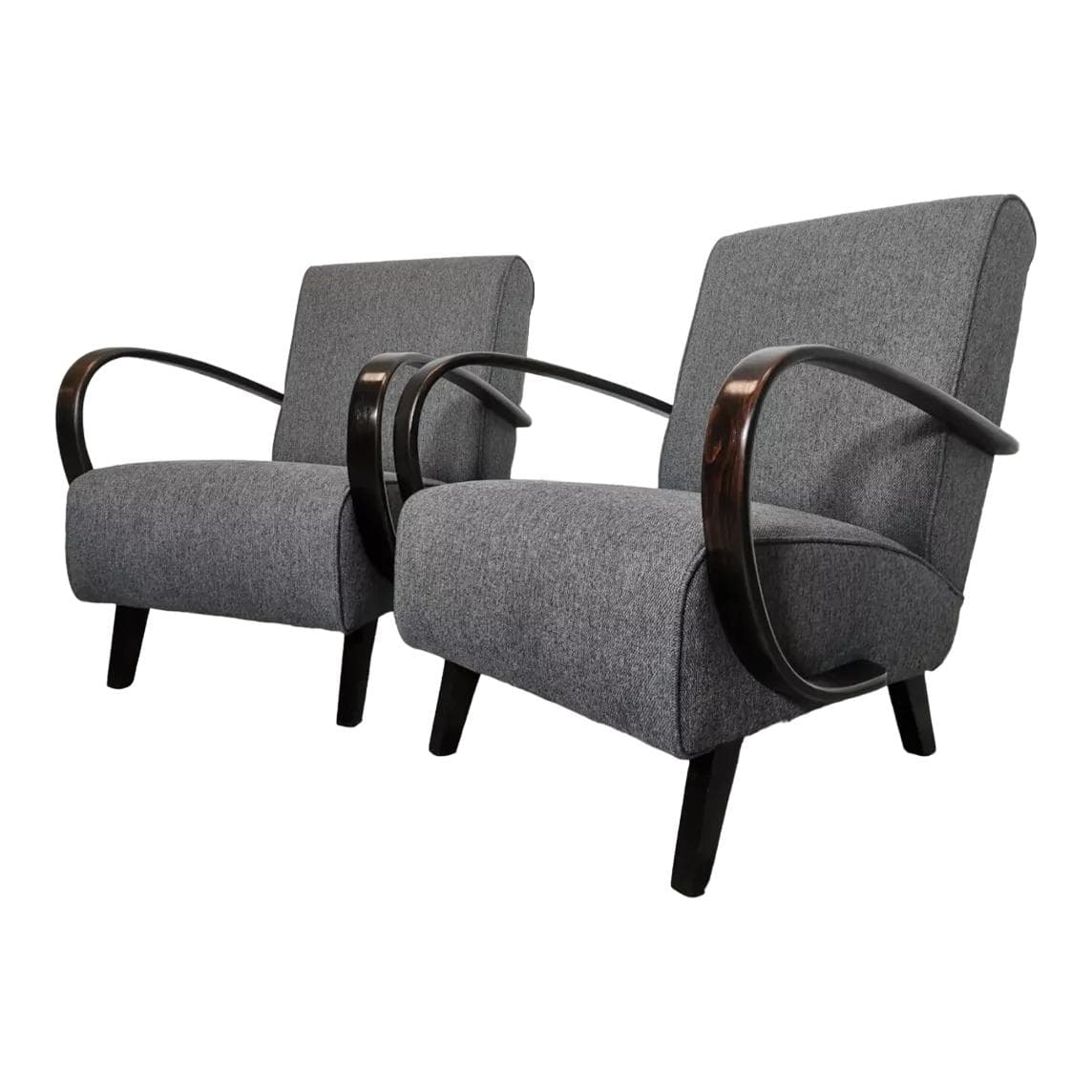 Pair of armchairs, grey, wood, fabric, by J. Halabala, UP Závody, Czechoslovakia, 1960s.