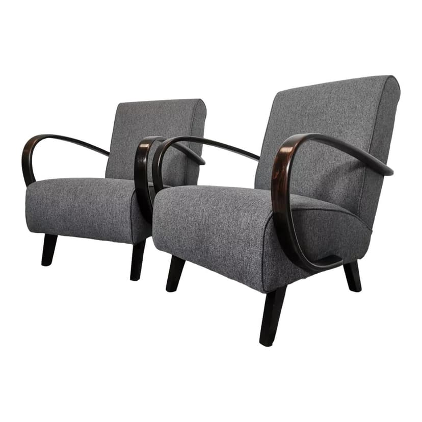Pair of armchairs, grey, wood, fabric, by J. Halabala, UP Závody, Czechoslovakia, 1960s.