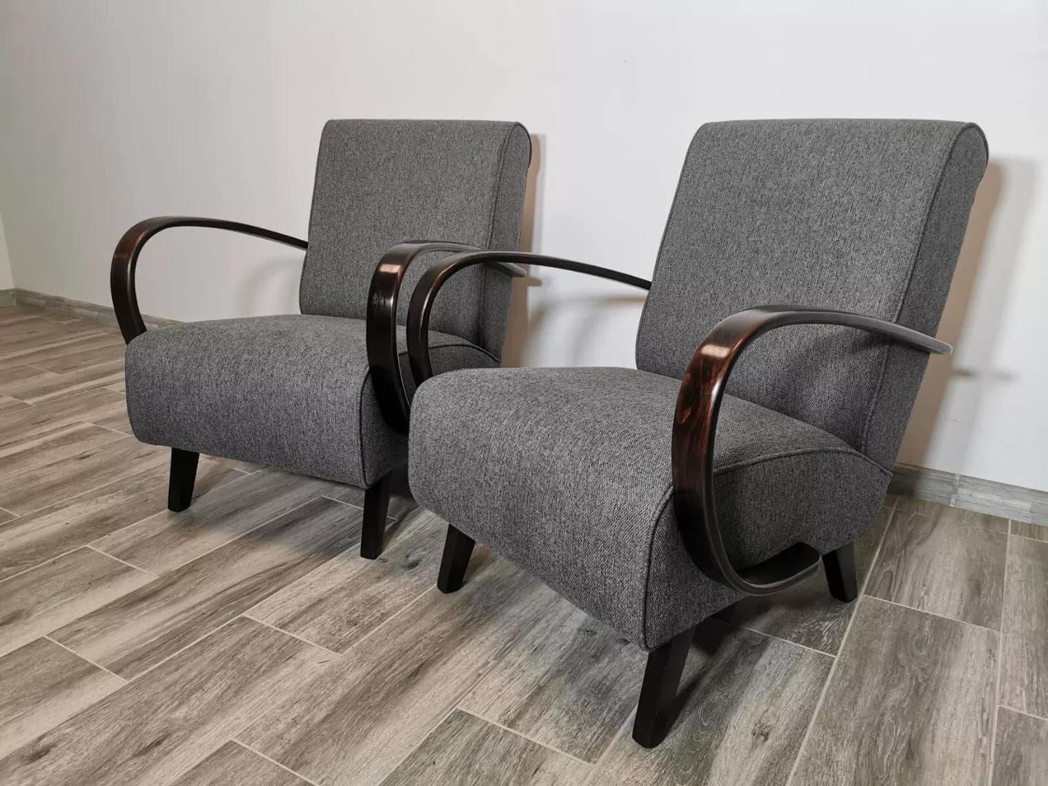 Pair of armchairs, grey, wood, fabric, by J. Halabala, UP Závody, Czechoslovakia, 1960s. - 48653