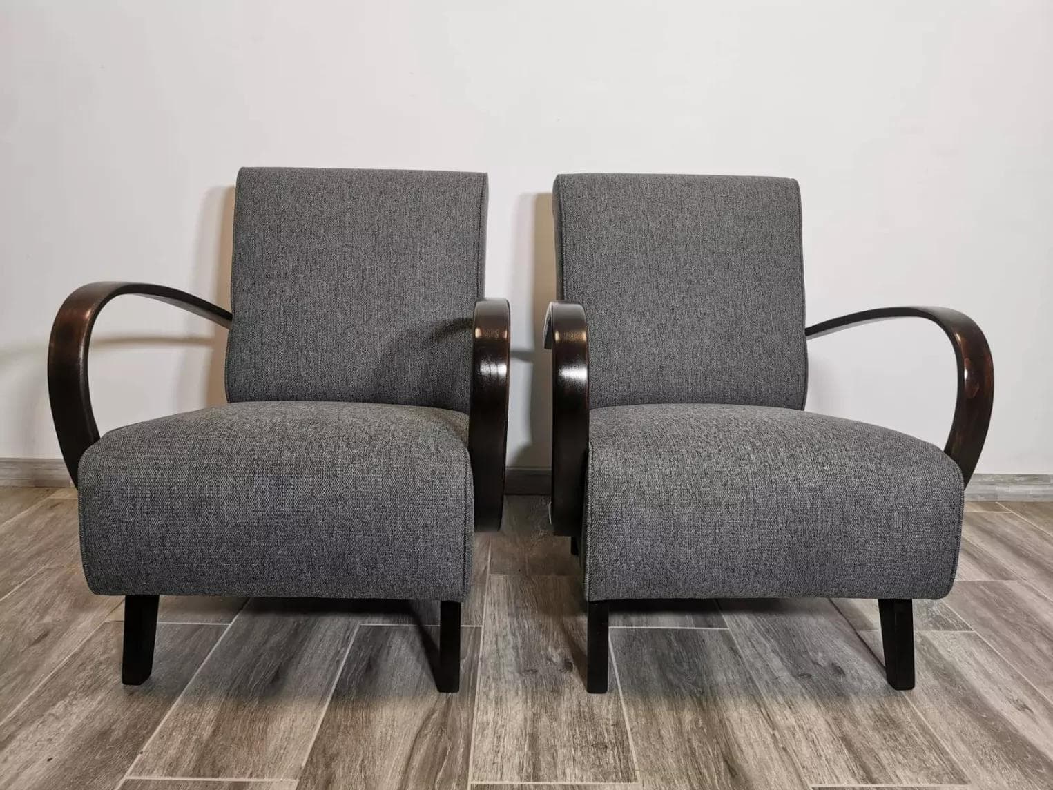 Pair of armchairs, grey, wood, fabric, by J. Halabala, UP Závody, Czechoslovakia, 1960s. - 48655