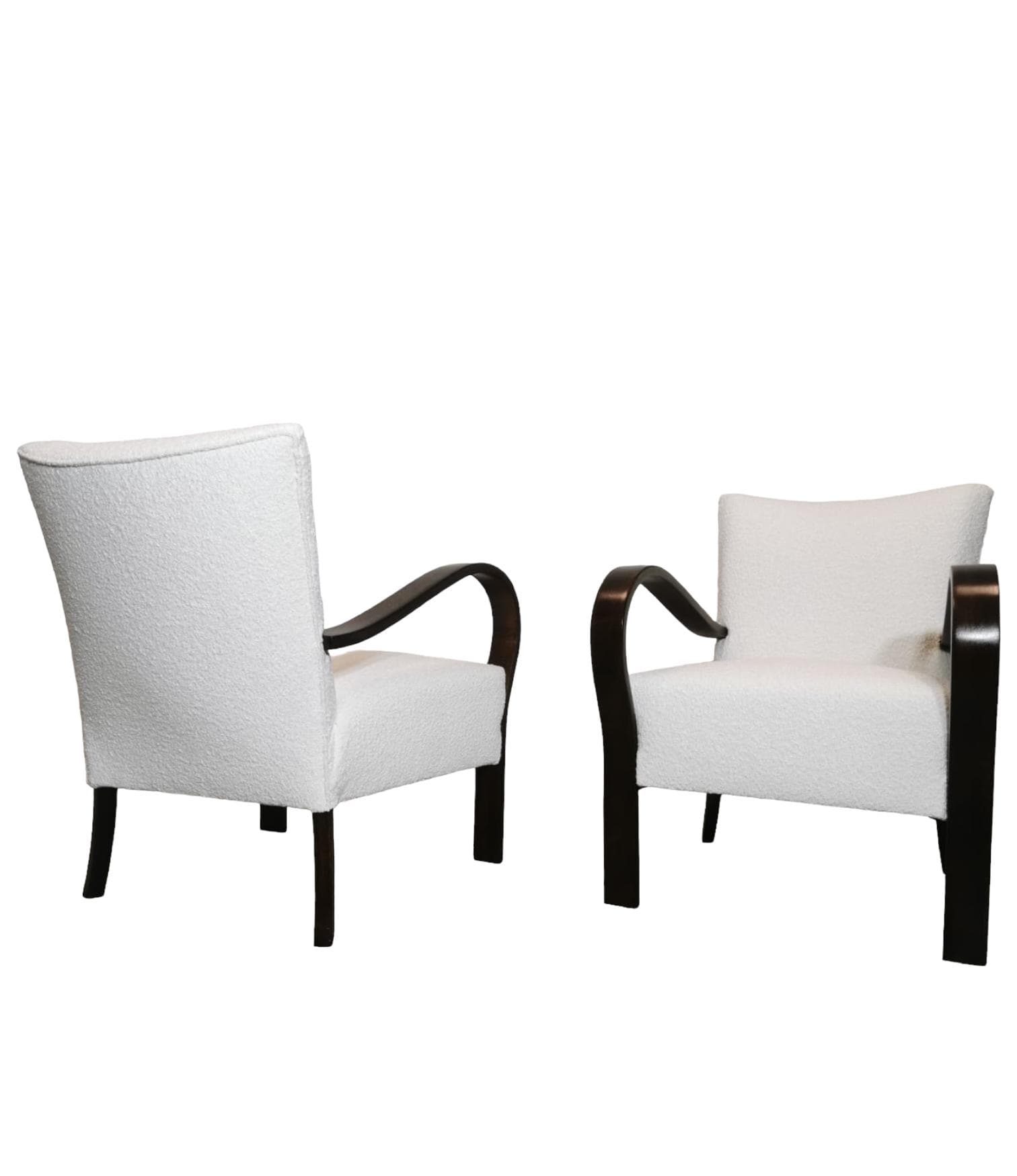 Pair of armchairs, white bouclé, dark brown wood, Czechoslovakia, 1950s.