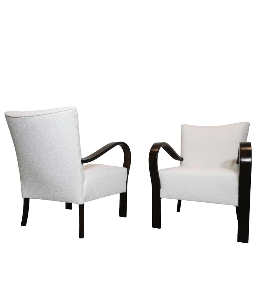 Pair of armchairs, white bouclé, dark brown wood, Czechoslovakia, 1950s.