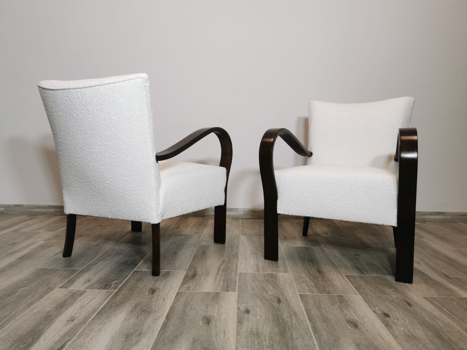 Pair of armchairs, white bouclé, dark brown wood, Czechoslovakia, 1950s. - 48649