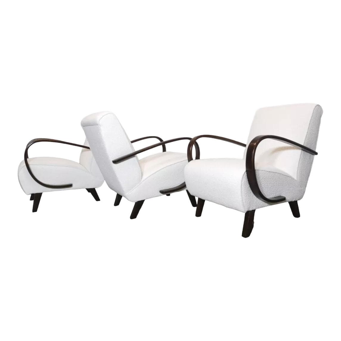 Komplet trzech foteli H 410, drewno ciemnobrązowe, bouclé biały, proj. J. Halabala, UP Závody, Czechosłowacja, lata 50.