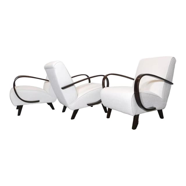 Komplet trzech foteli H 410, drewno ciemnobrązowe, bouclé biały, proj. J. Halabala, UP Závody, Czechosłowacja, lata 50. - WYMIARY