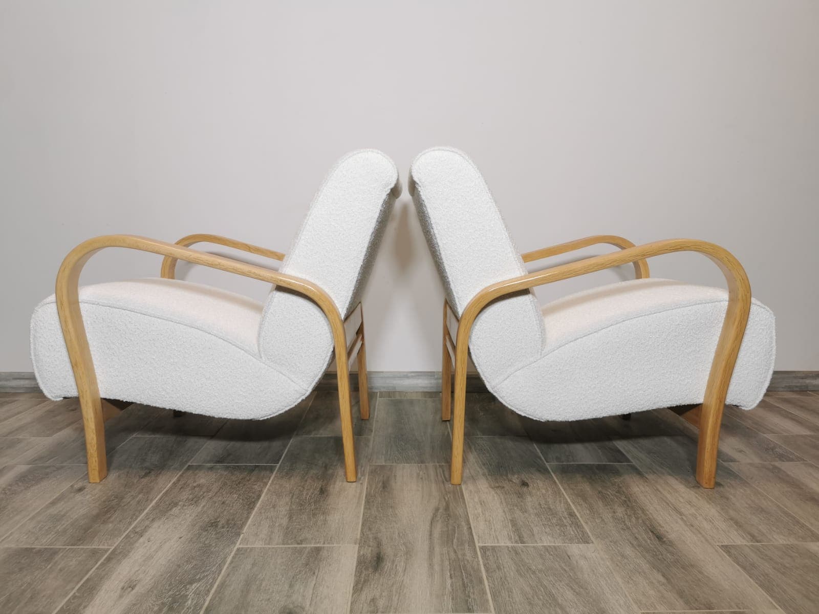 Pair of armchairs, light oak, white bouclé, by K. Koželka, A. Kropáček, Interier Praha, Czechoslovakia, 1940s. - 48643