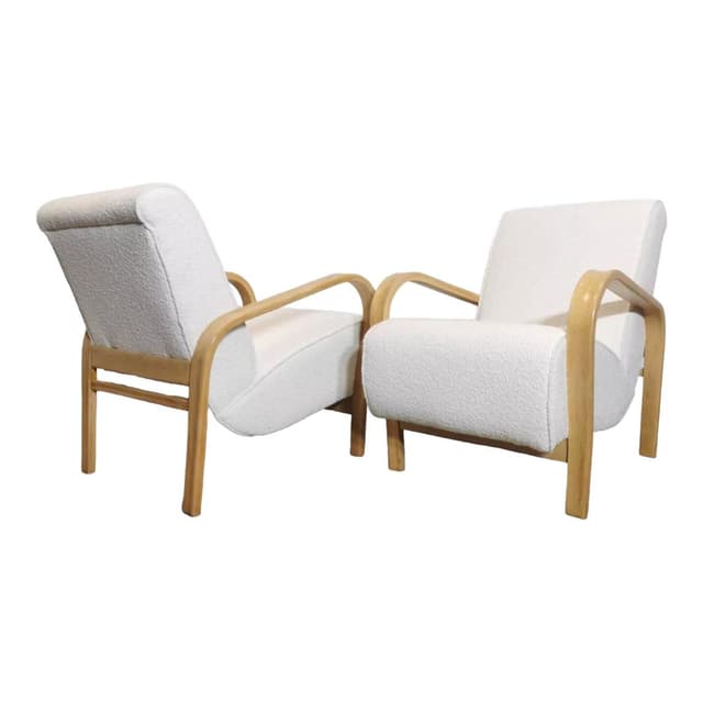 Pair of armchairs, light oak, white bouclé, by K. Koželka, A. Kropáček, Interier Praha, Czechoslovakia, 1940s. - DIMENSION