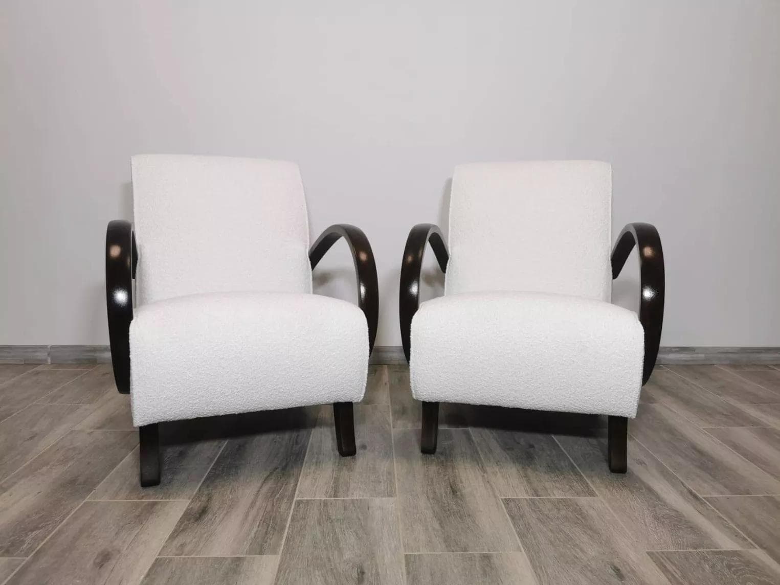 Pair of armchairs, white bouclé, dark wood, by J. Halabala, UP Závody, Czechoslovakia, 1960s. - 48639