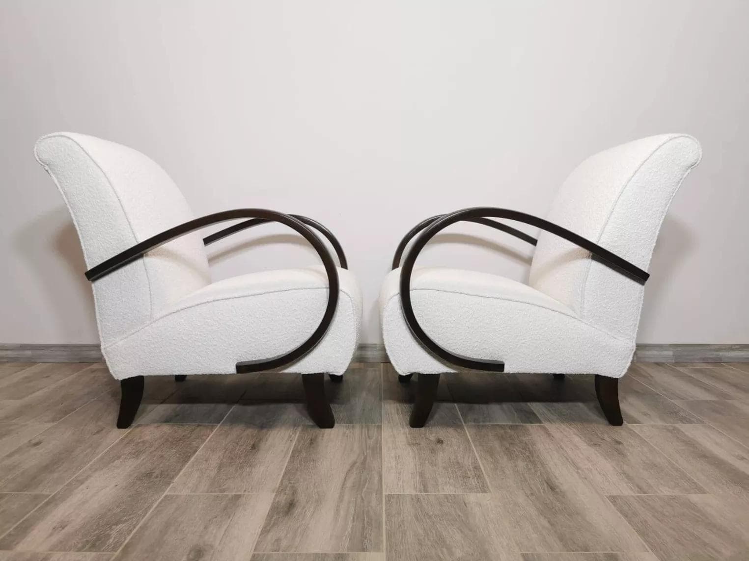 Pair of armchairs, white bouclé, dark wood, by J. Halabala, UP Závody, Czechoslovakia, 1960s. - 48637