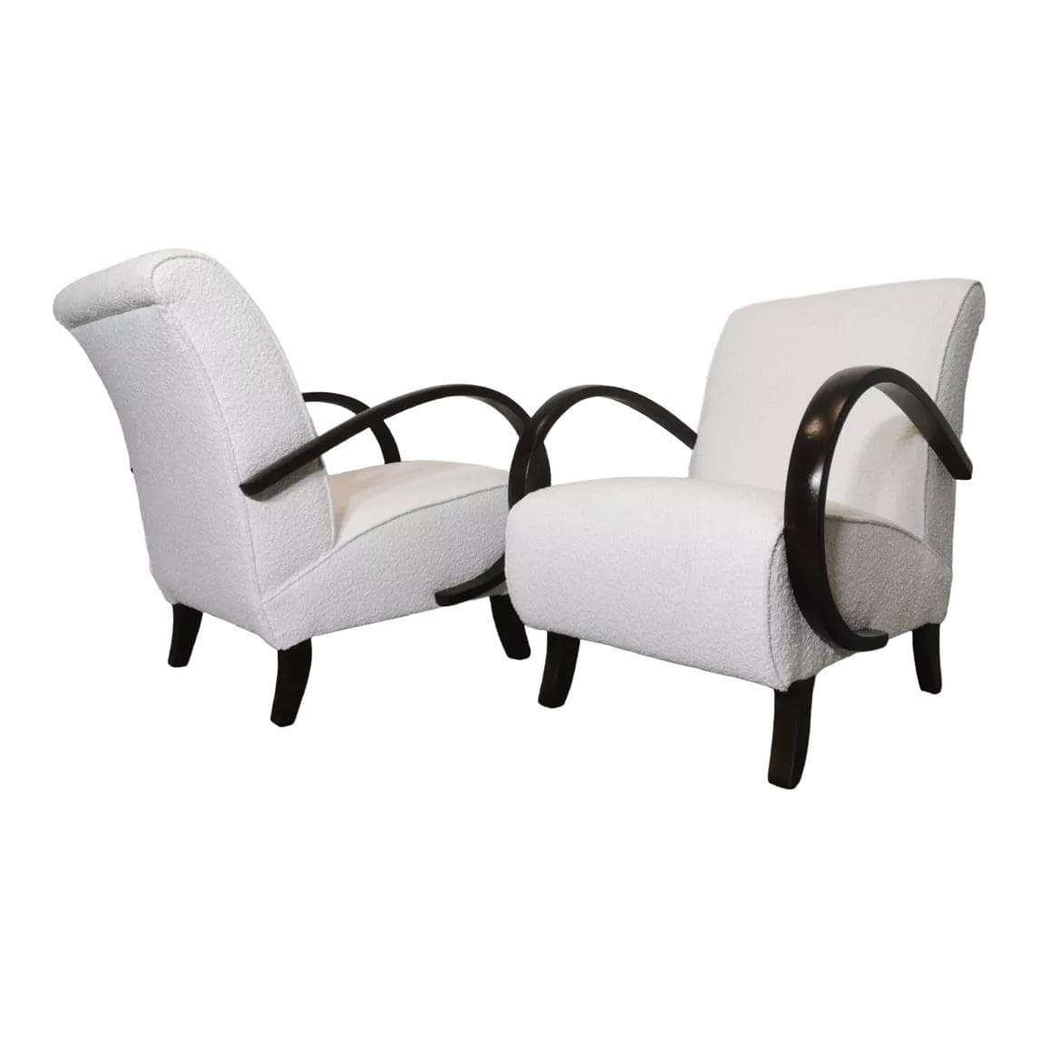 Pair of armchairs, white bouclé, dark wood, by J. Halabala, UP Závody, Czechoslovakia, 1960s.