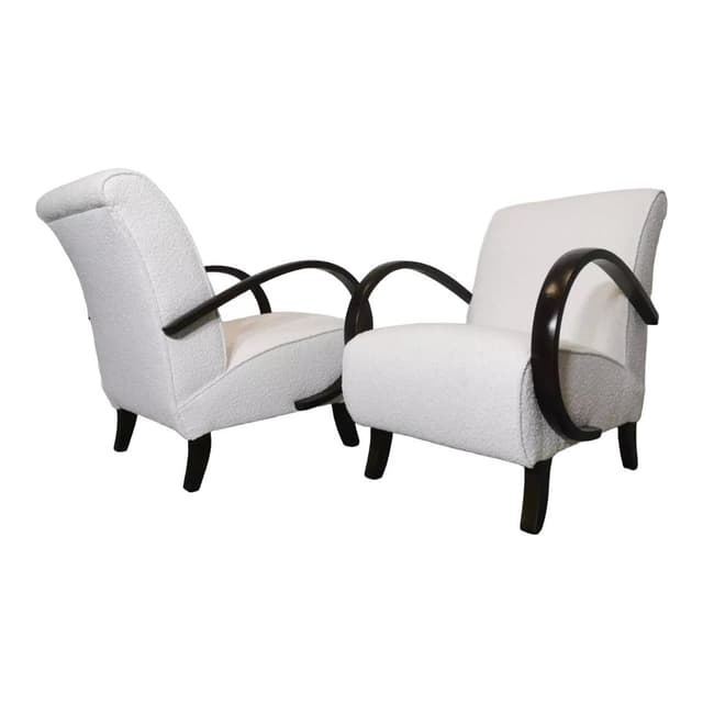 Pair of armchairs, white bouclé, dark wood, by J. Halabala, UP Závody, Czechoslovakia, 1960s. - DIMENSION