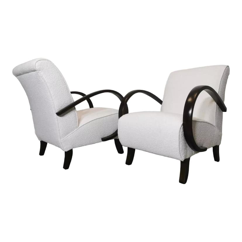 Pair of armchairs, white bouclé, dark wood, by J. Halabala, UP Závody, Czechoslovakia, 1960s.