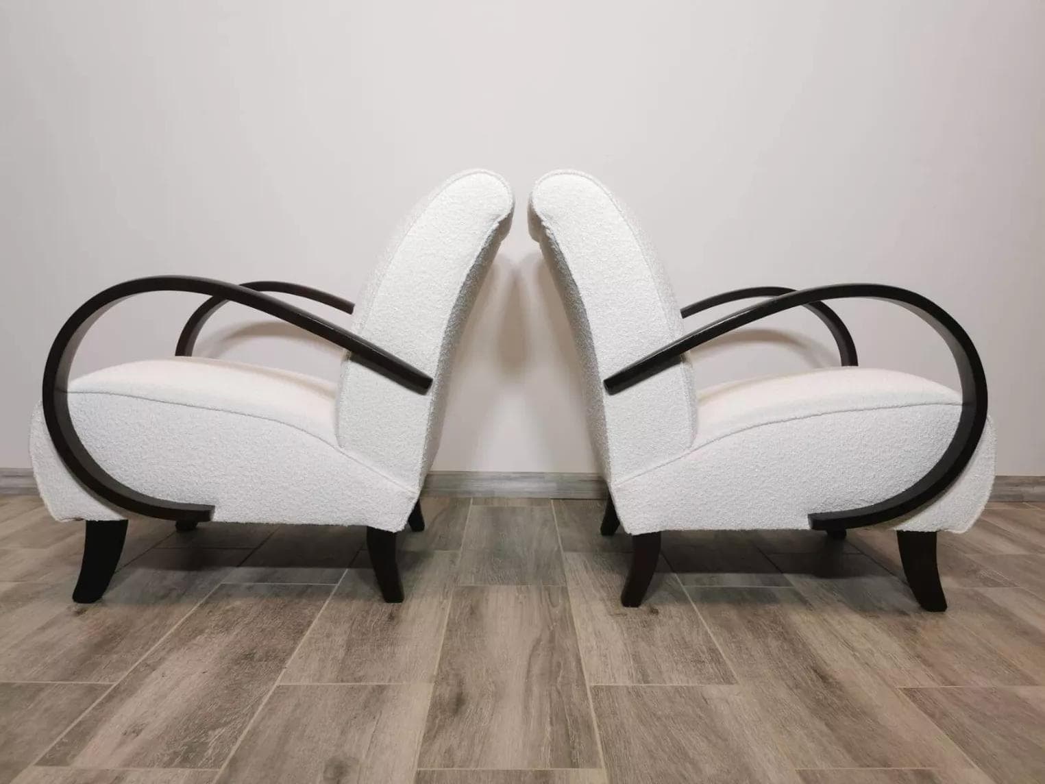 Pair of armchairs, white bouclé, dark wood, by J. Halabala, UP Závody, Czechoslovakia, 1960s. - 48638