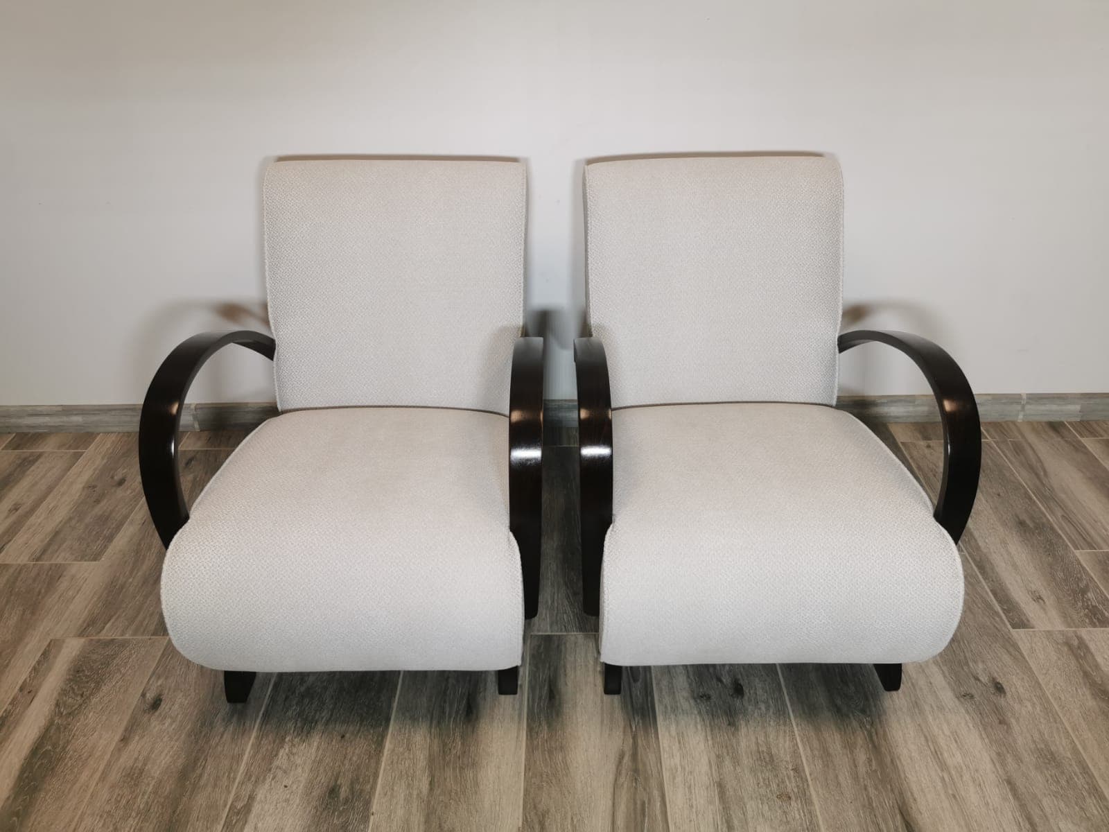 Pair of armchairs Art Deco, beige upholstery, walnut, by J. Halabala, UP Závody, Czechoslovakia, 1960s. - 48634