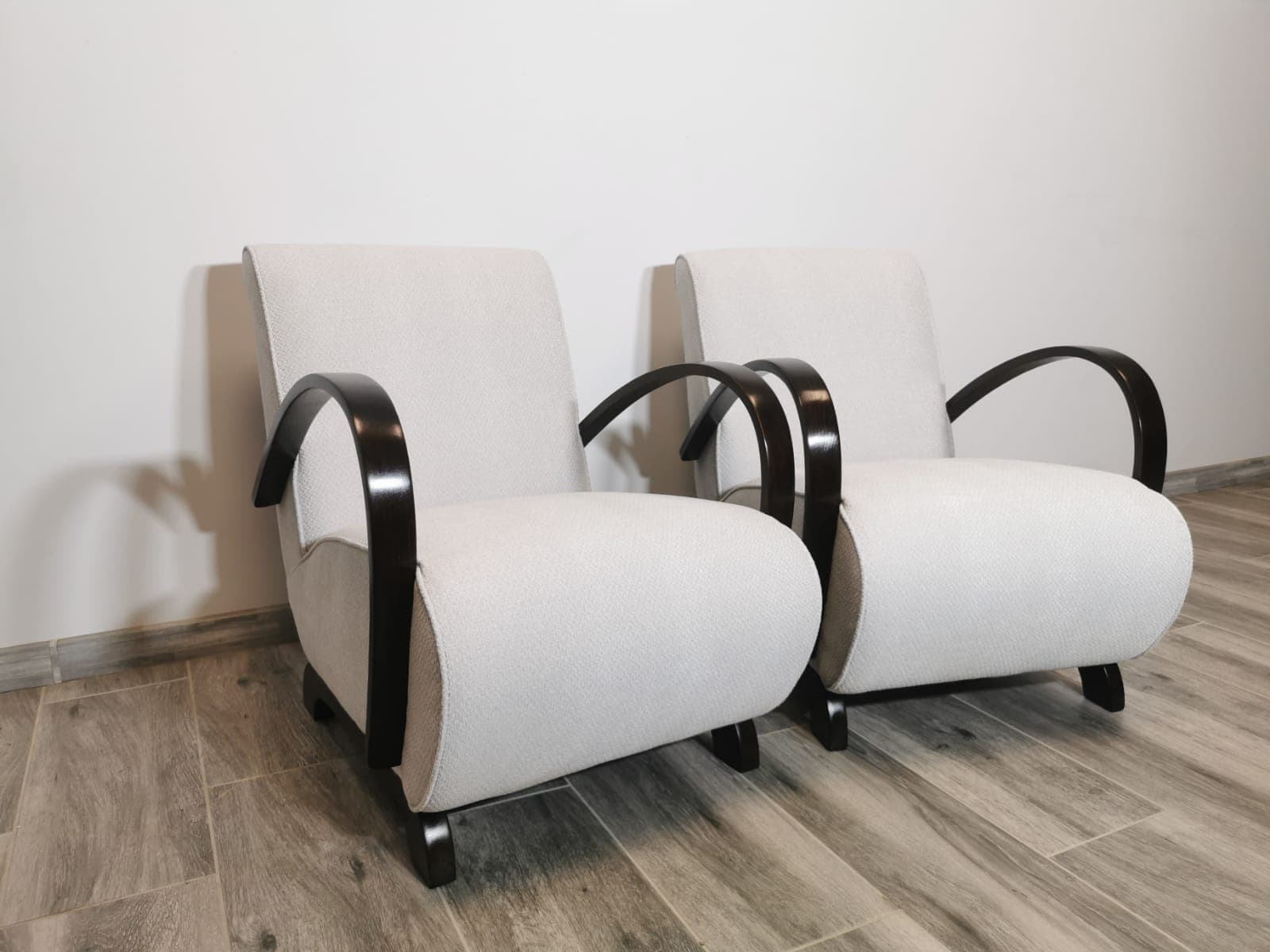 Pair of armchairs Art Deco, beige upholstery, walnut, by J. Halabala, UP Závody, Czechoslovakia, 1960s. - 48635