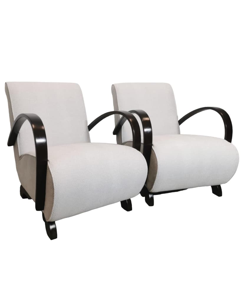 Pair of armchairs Art Deco, beige upholstery, walnut, by J. Halabala, UP Závody, Czechoslovakia, 1960s.
