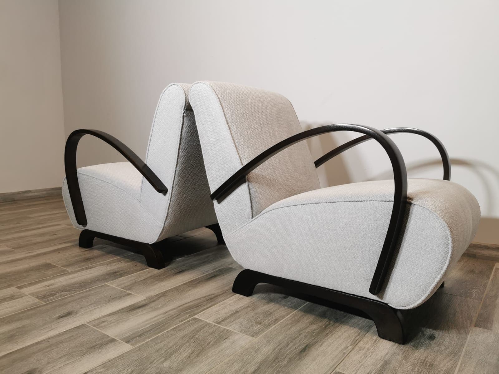 Pair of armchairs Art Deco, beige upholstery, walnut, by J. Halabala, UP Závody, Czechoslovakia, 1960s. - 48633