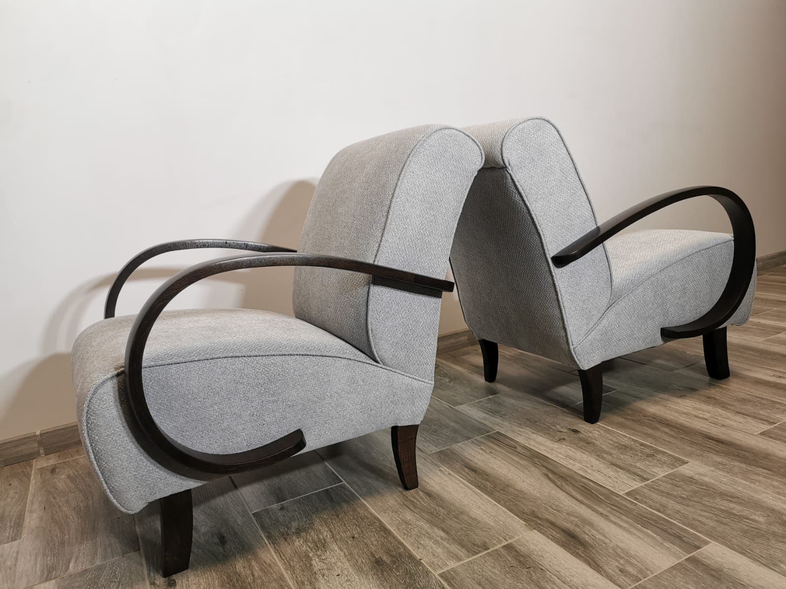 Pair of armchairs, grey fabric, wood, by J. Halabala, UP Závody, Czechoslovakia, 1960s. - 48630