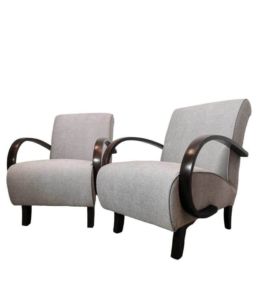 Pair of armchairs, grey fabric, wood, by J. Halabala, UP Závody, Czechoslovakia, 1960s.