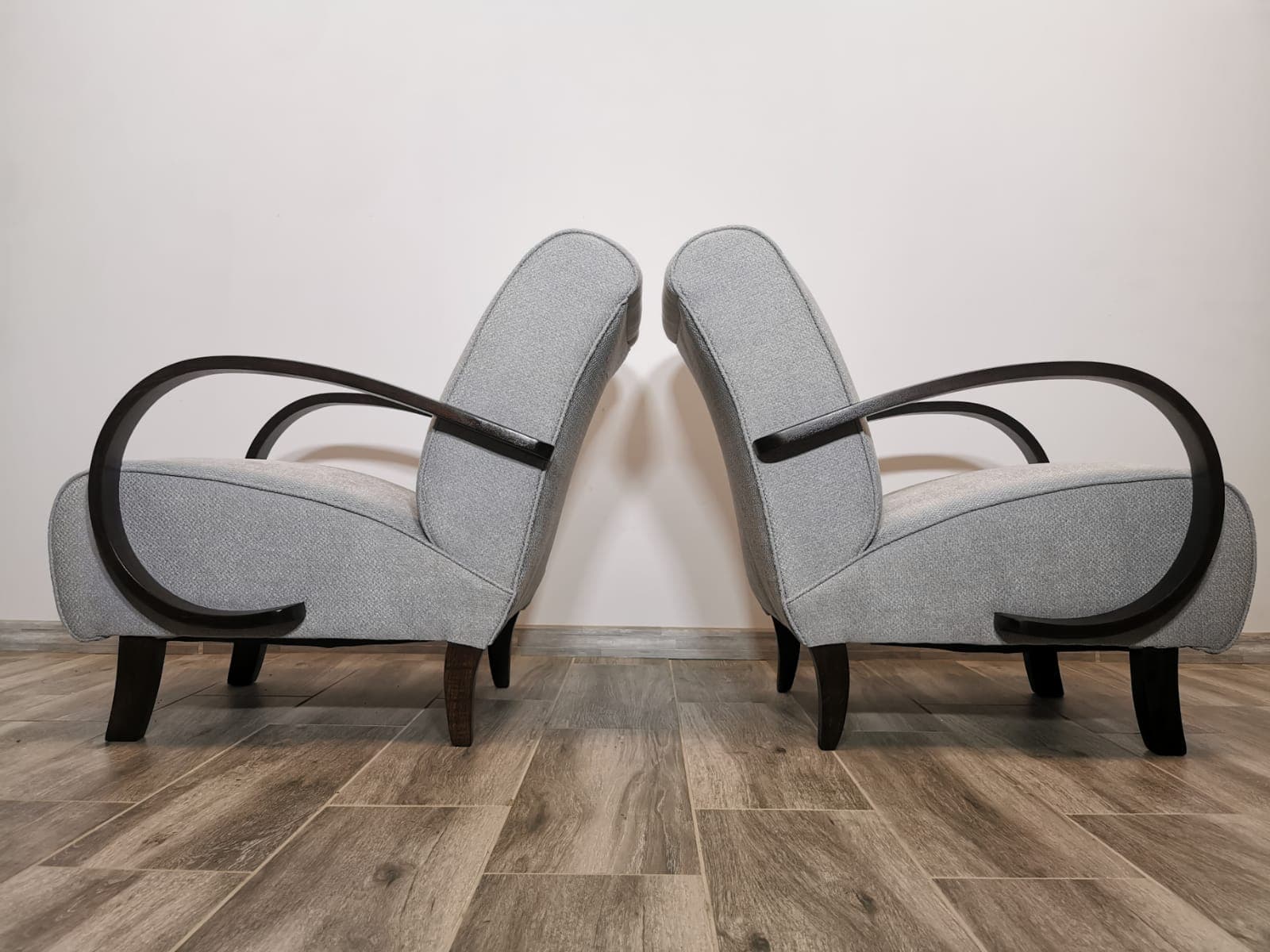 Pair of armchairs, grey fabric, wood, by J. Halabala, UP Závody, Czechoslovakia, 1960s. - 48629