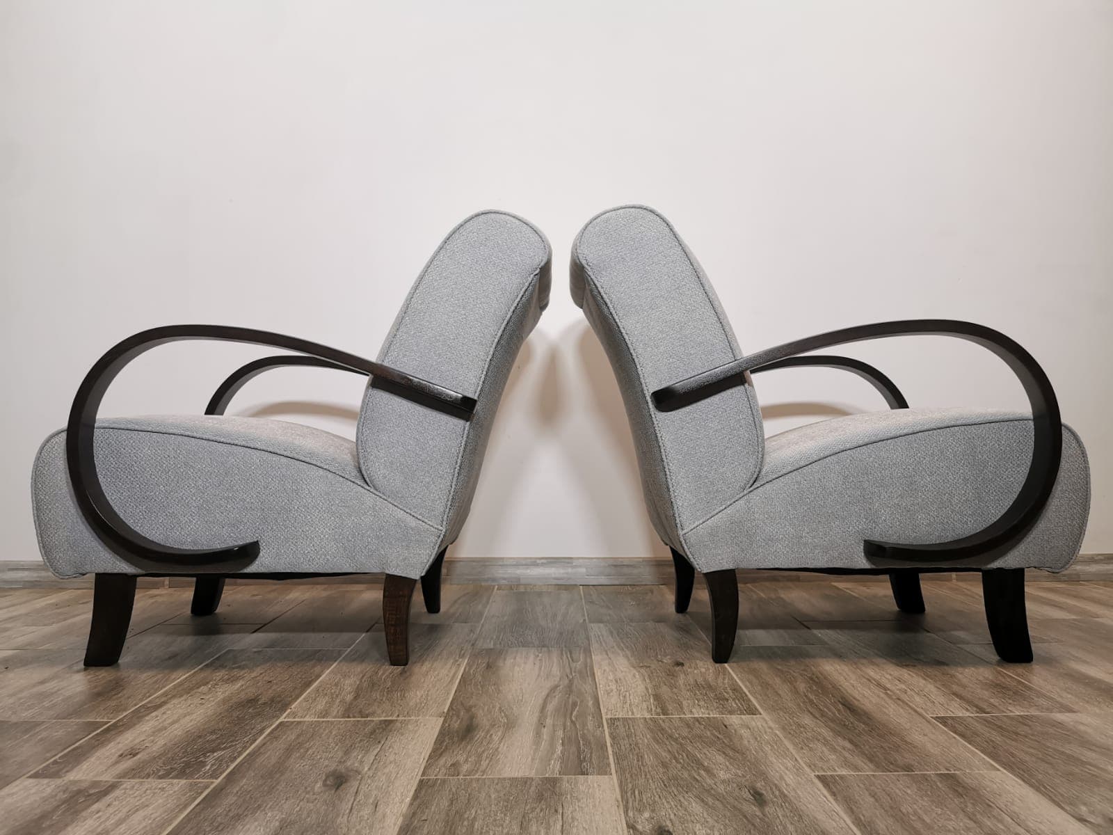 Pair of armchairs, grey fabric, wood, by J. Halabala, UP Závody, Czechoslovakia, 1960s. - 48631