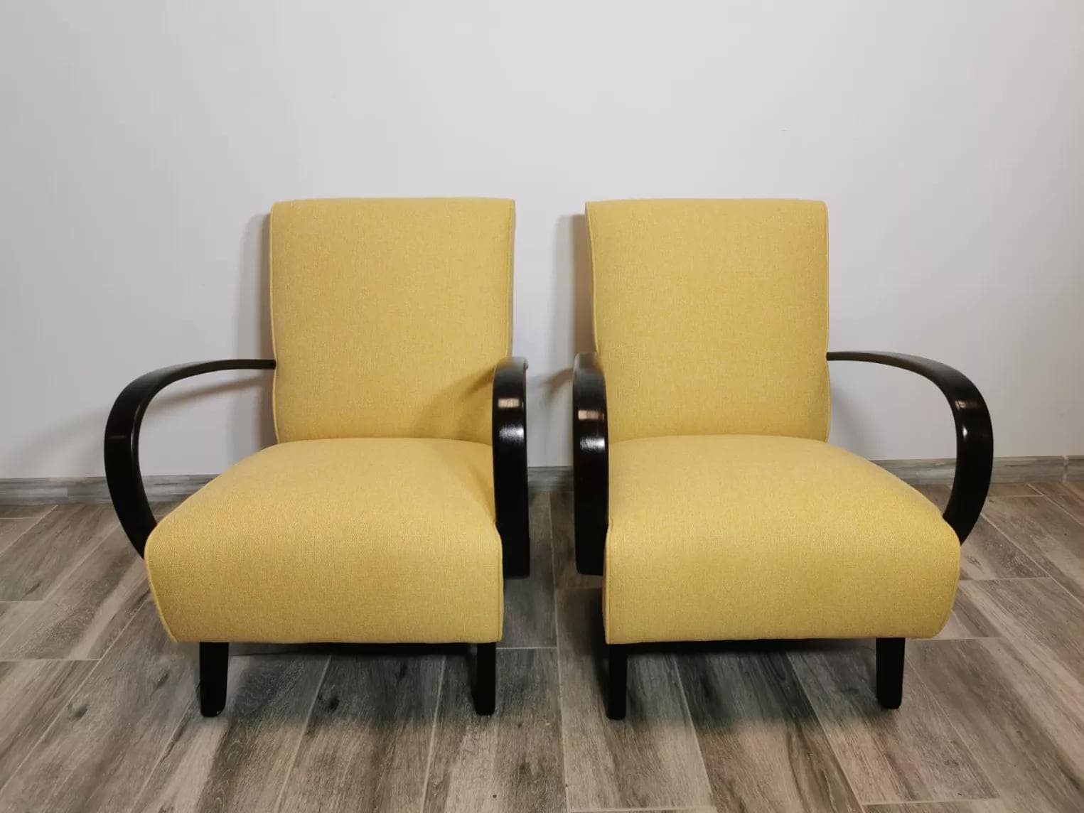 Pair of armchairs H-410, yellow wool, black wood, by J. Halabala, UP Závody, Czechoslovakia, 1960s. - 48626