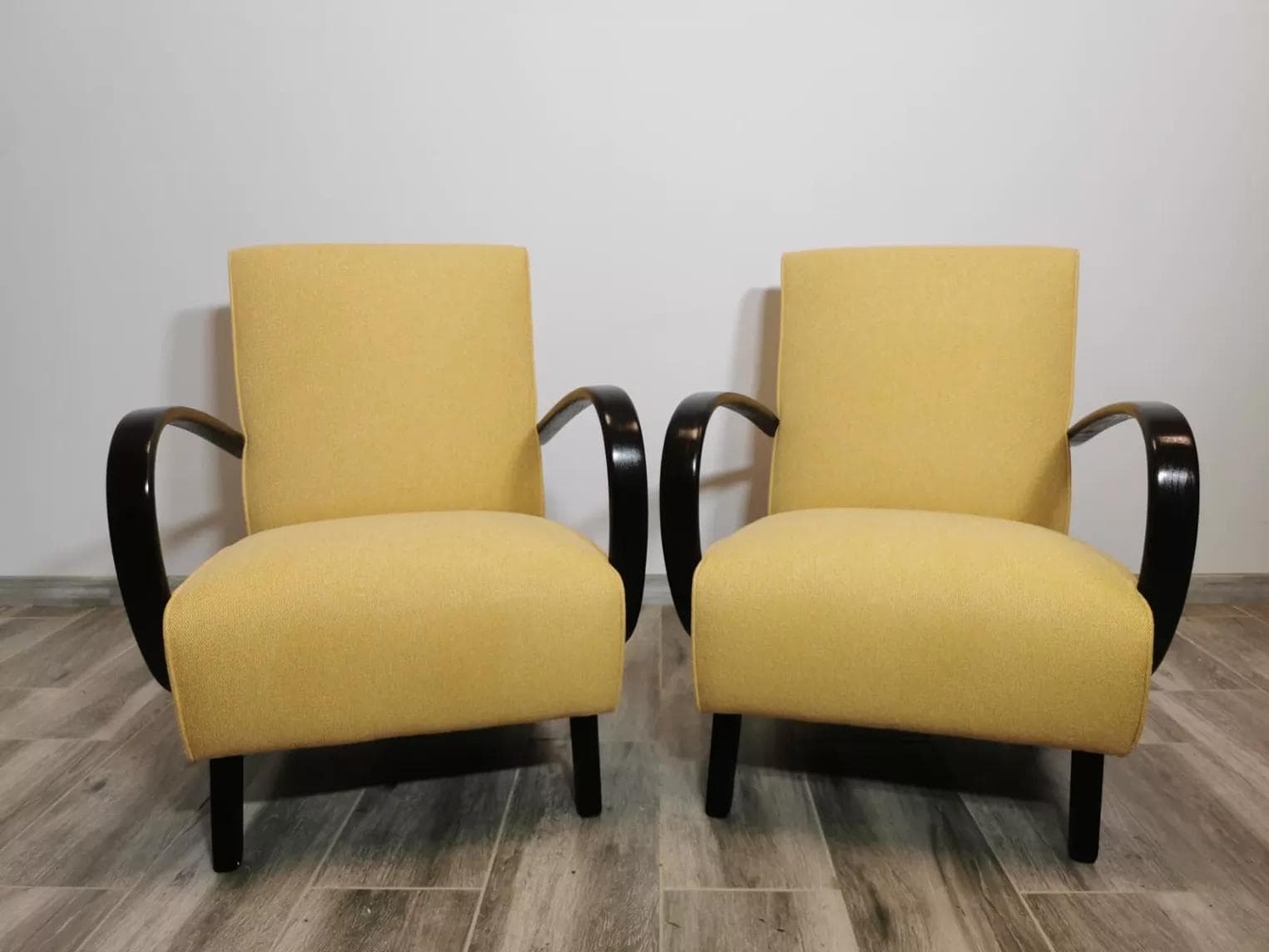 Pair of armchairs H-410, yellow wool, black wood, by J. Halabala, UP Závody, Czechoslovakia, 1960s. - 48625