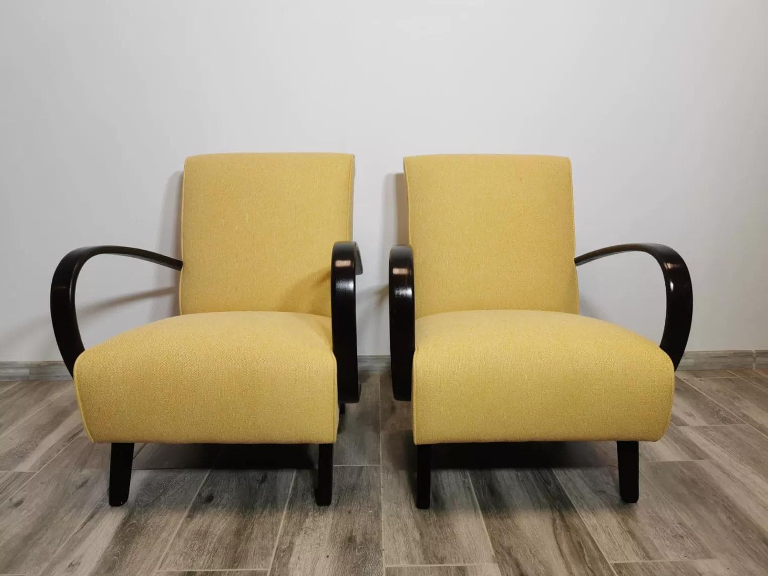 Pair of armchairs H-410, yellow wool, black wood, by J. Halabala, UP Závody, Czechoslovakia, 1960s. - 48627