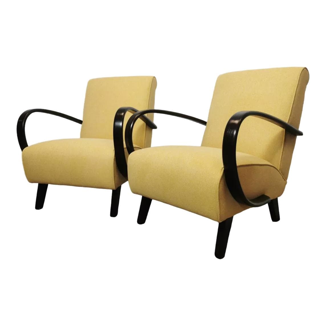 Pair of armchairs H-410, yellow wool, black wood, by J. Halabala, UP Závody, Czechoslovakia, 1960s.
