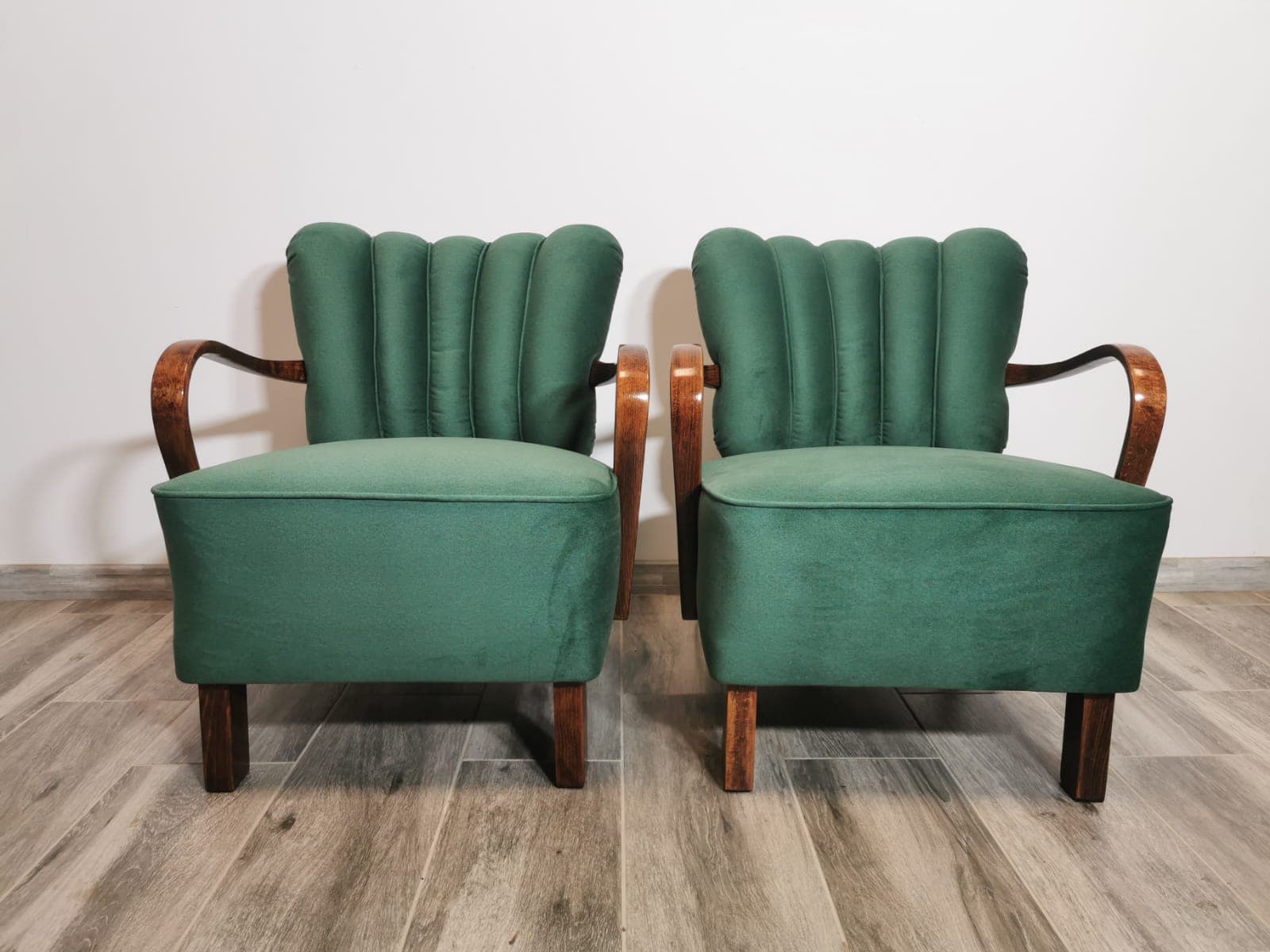 Pair of cocktail armchairs, green, walnut, by J. Halabala, UP Závody, Czechoslovakia, 1950s. - 48621
