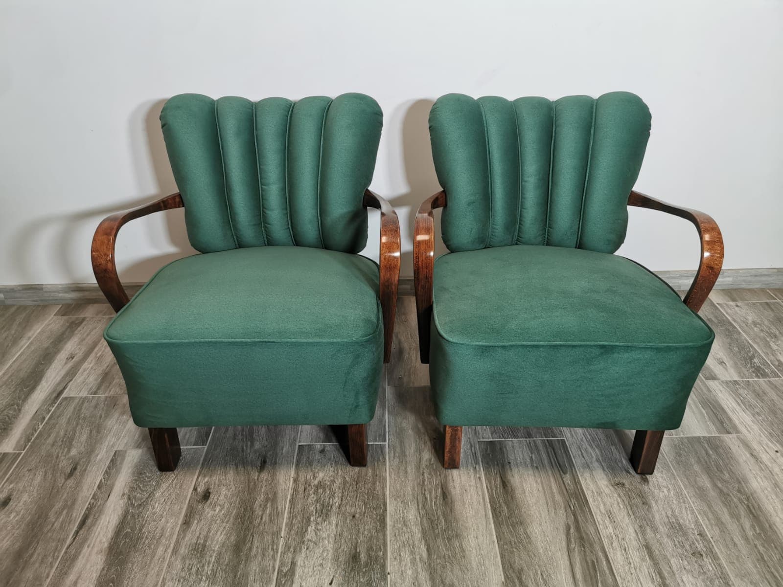Pair of cocktail armchairs, green, walnut, by J. Halabala, UP Závody, Czechoslovakia, 1950s. - 48622