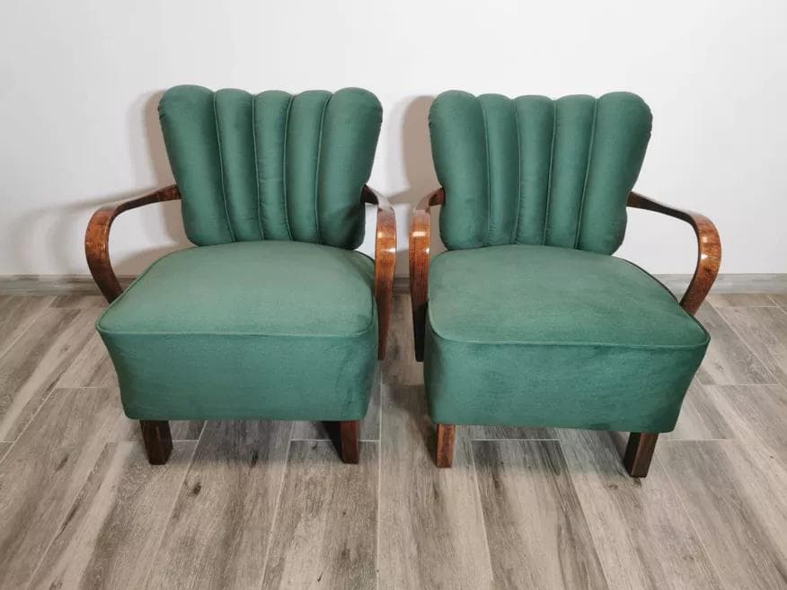 Pair of cocktail armchairs, green, walnut, by J. Halabala, UP Závody, Czechoslovakia, 1950s. - 48623