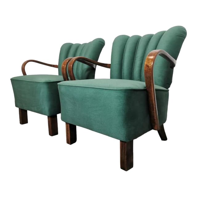 Pair of cocktail armchairs, green, walnut, by J. Halabala, UP Závody, Czechoslovakia, 1950s. - DIMENSION