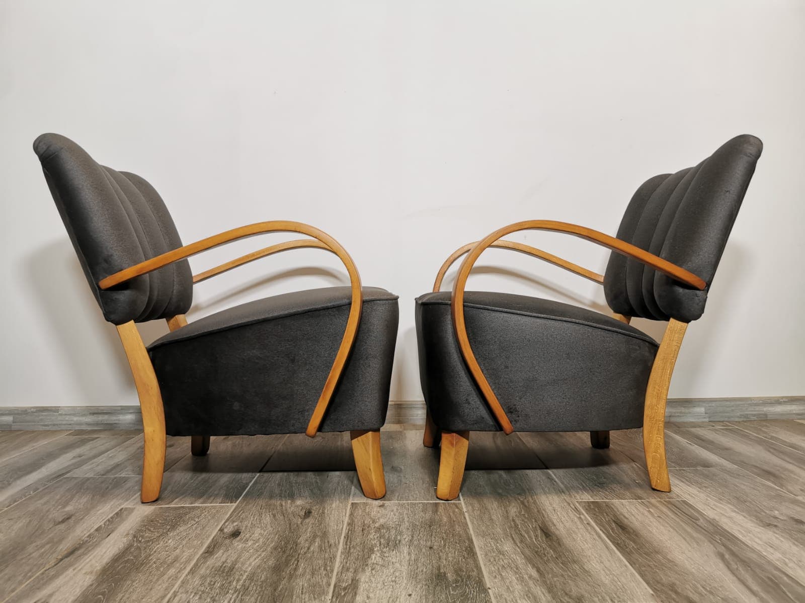 Pair of cocktail armchairs, anthracite velvet, walnut, by J. Halabala, UP Závody, Czechoslovakia, 1950s. - 48618