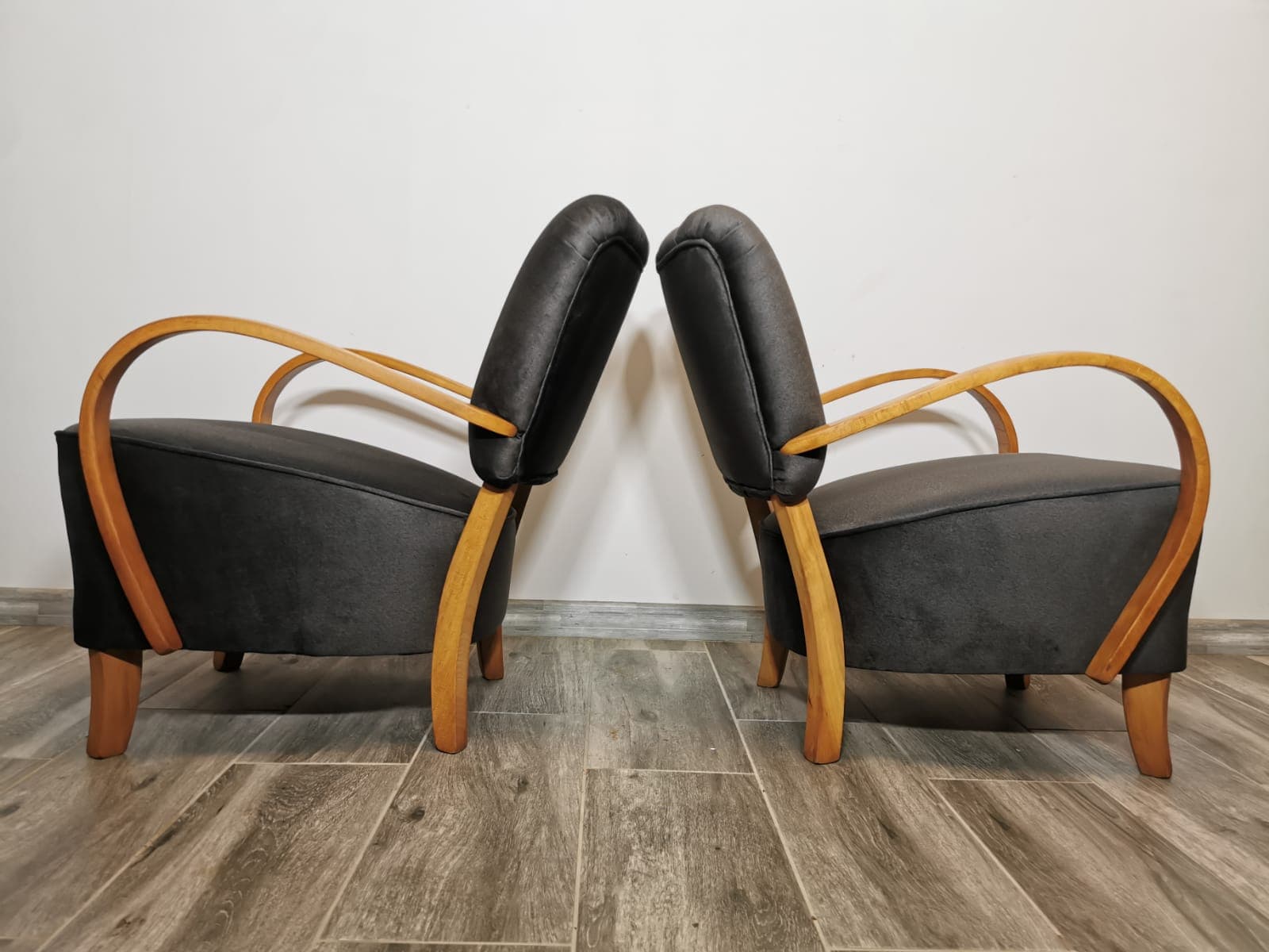 Pair of cocktail armchairs, anthracite velvet, walnut, by J. Halabala, UP Závody, Czechoslovakia, 1950s. - 48617