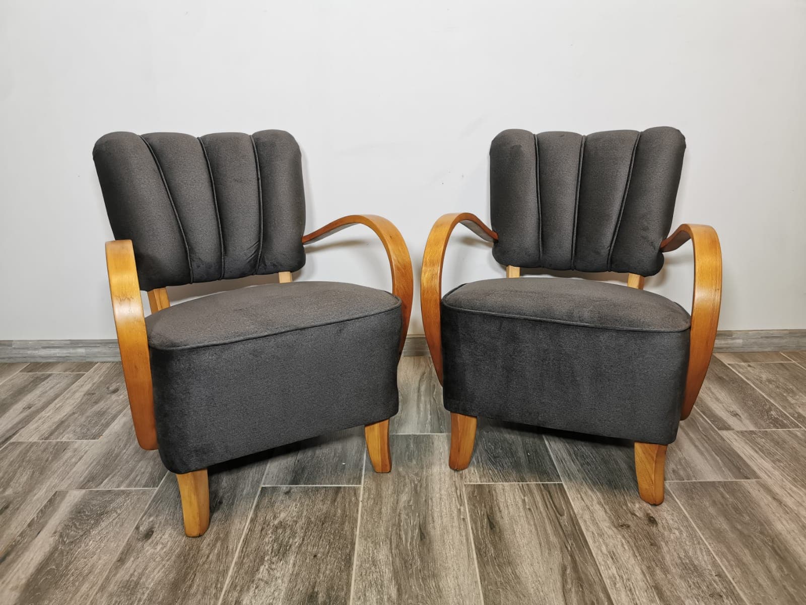 Pair of cocktail armchairs, anthracite velvet, walnut, by J. Halabala, UP Závody, Czechoslovakia, 1950s. - 48619