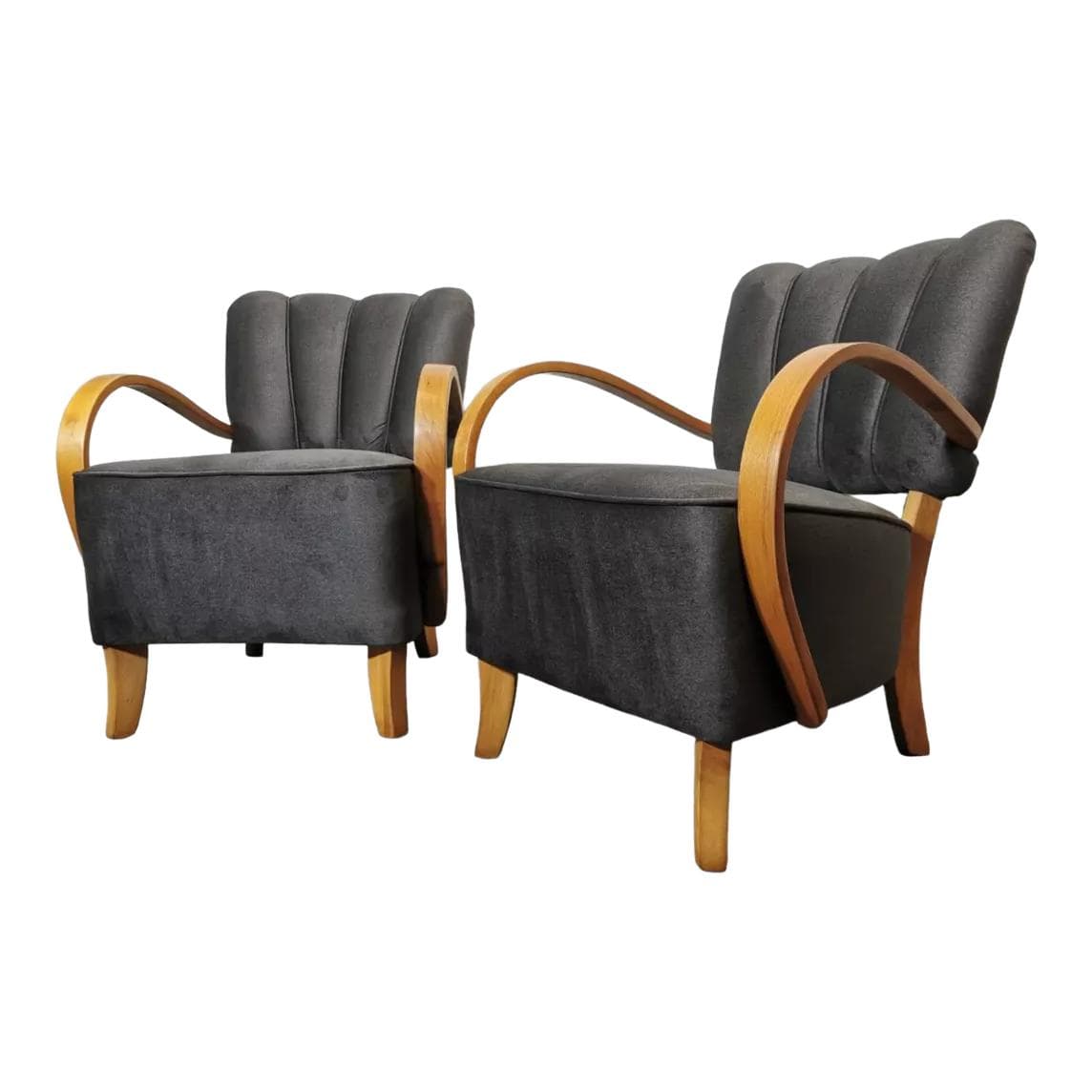 Pair of cocktail armchairs, anthracite velvet, walnut, by J. Halabala, UP Závody, Czechoslovakia, 1950s.