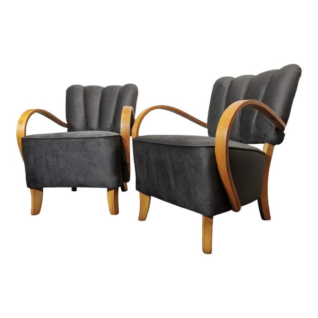 Pair of cocktail armchairs, anthracite velvet, walnut, by J. Halabala, UP Závody, Czechoslovakia, 1950s. - DIMENSION