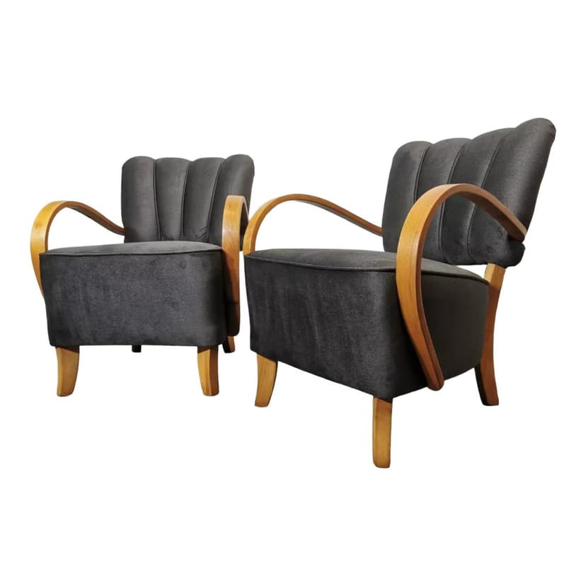 Pair of cocktail armchairs, anthracite velvet, walnut, by J. Halabala, UP Závody, Czechoslovakia, 1950s.