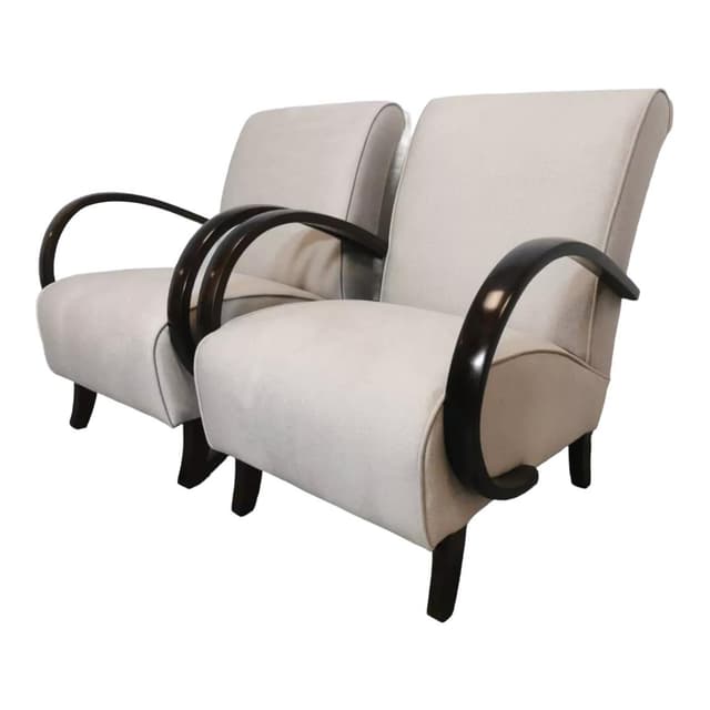 Pair of armchairs, dark brown wood, beige upholstery, by J. Halabala, UP Závody, Czechoslovakia, 1960s. - DIMENSION