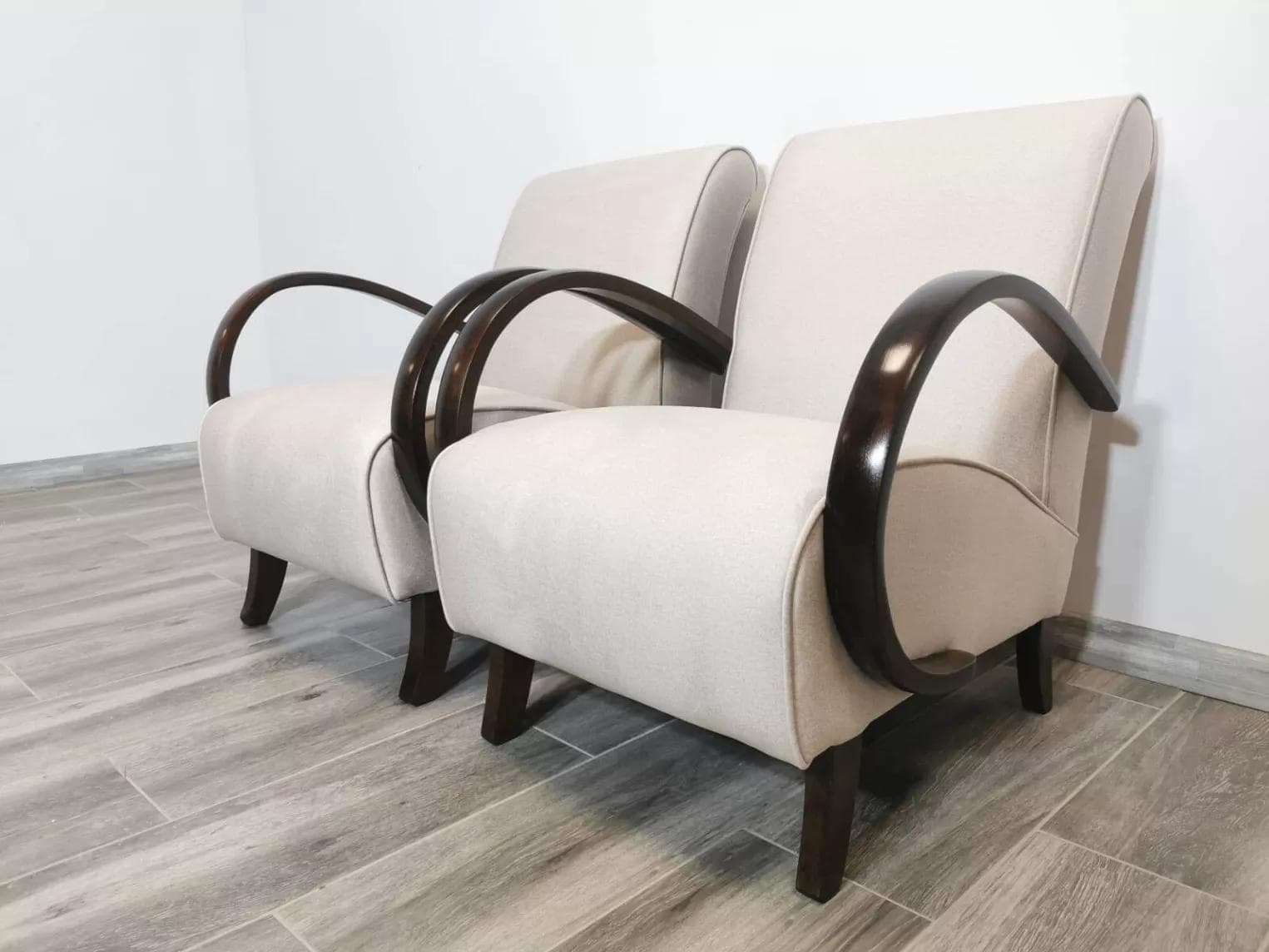 Pair of armchairs, dark brown wood, beige upholstery, by J. Halabala, UP Závody, Czechoslovakia, 1960s. - 48613