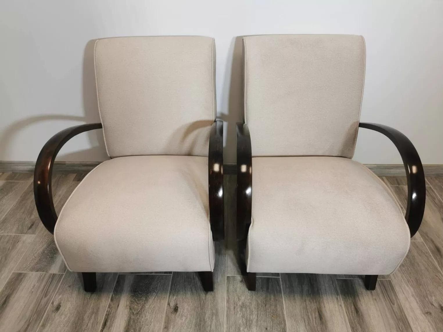 Pair of armchairs, dark brown wood, beige upholstery, by J. Halabala, UP Závody, Czechoslovakia, 1960s. - 48614