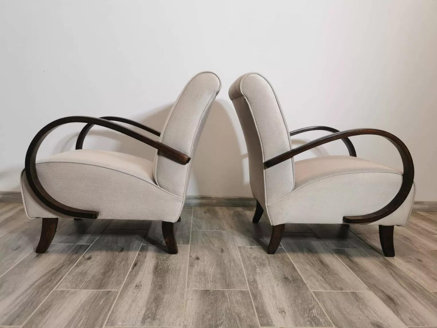 Pair of armchairs, dark brown wood, beige upholstery, by J. Halabala, UP Závody, Czechoslovakia, 1960s. - 48615