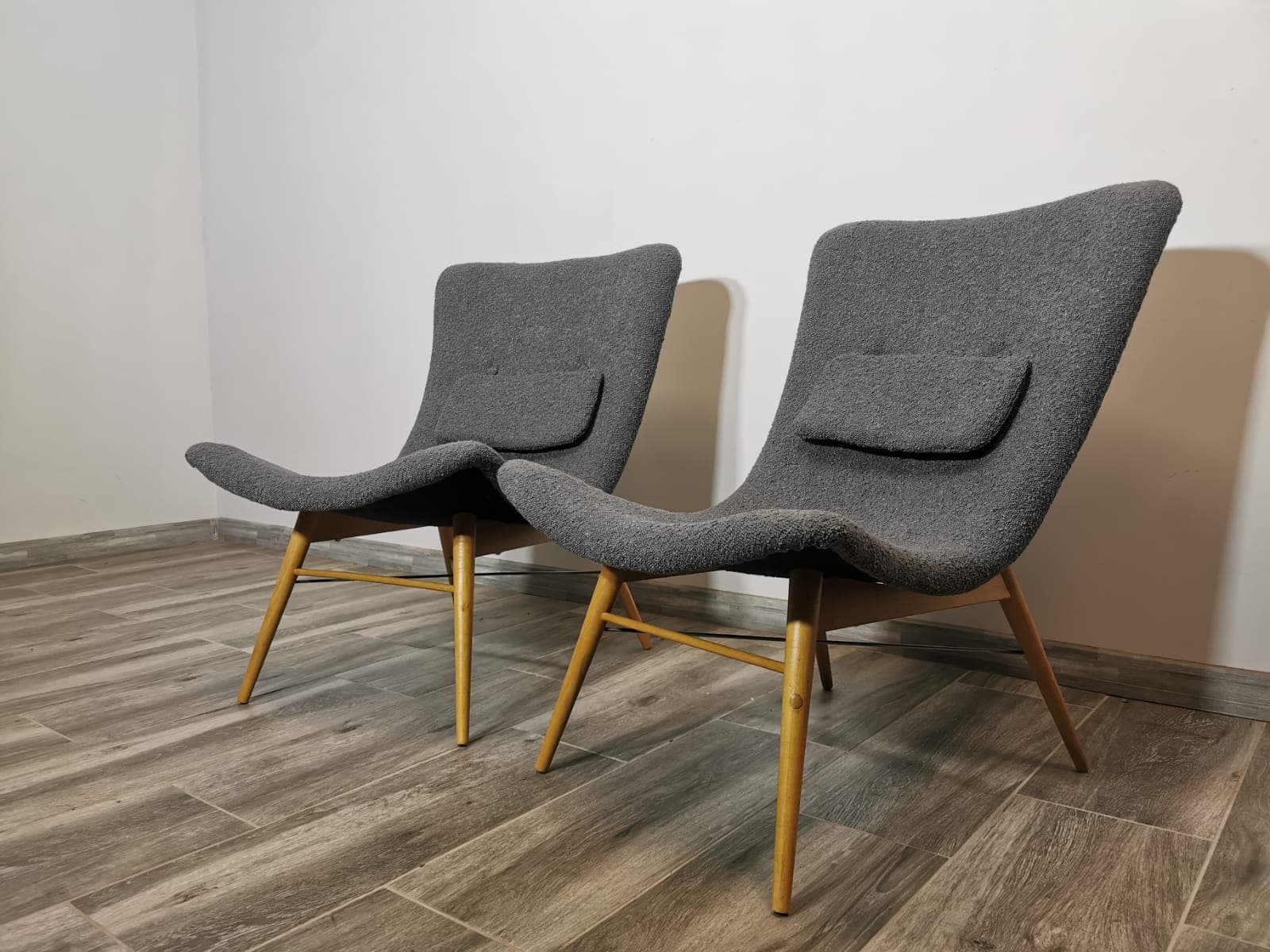 Pair of armchairs, grey bouclé, light oak, by M. Navratil, Czechoslovakia, 1960s. - 48609