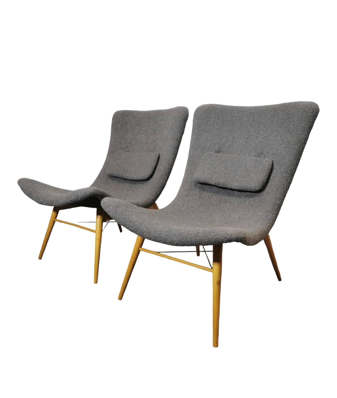 Pair of armchairs, grey bouclé, light oak, by M. Navratil, Czechoslovakia, 1960s.