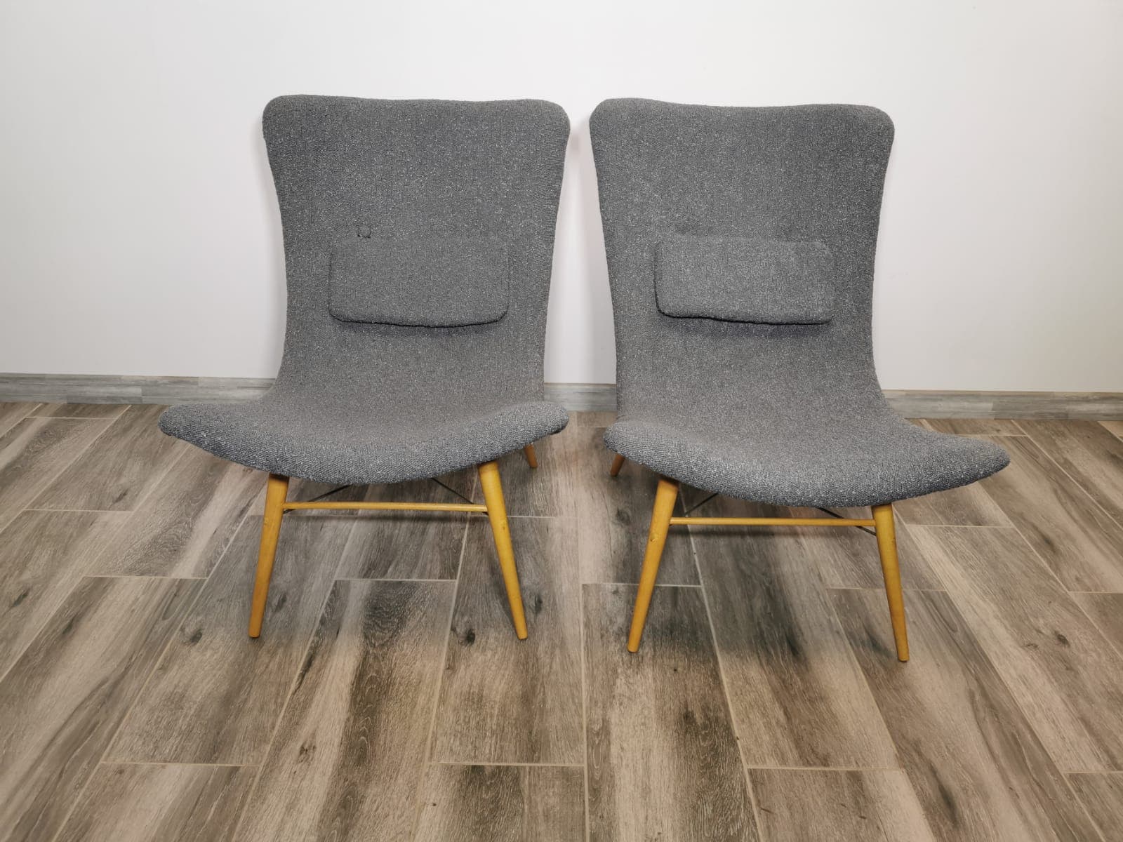 Pair of armchairs, grey bouclé, light oak, by M. Navratil, Czechoslovakia, 1960s. - 48610