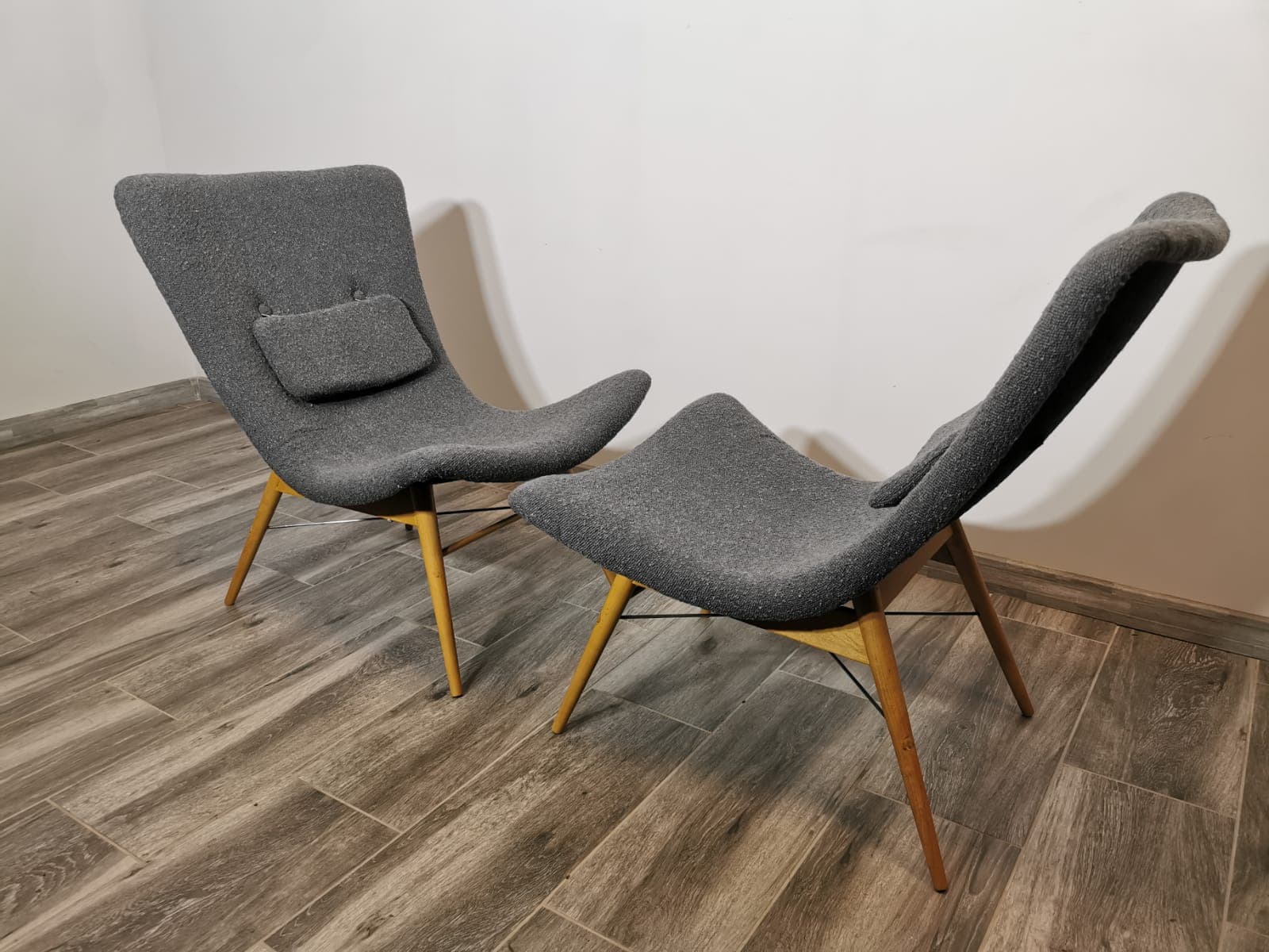 Pair of armchairs, grey bouclé, light oak, by M. Navratil, Czechoslovakia, 1960s. - 48611