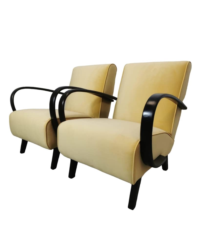 Pair of armchairs H 410, beige velvet, by J. Halabala, UP Závody, Czechoslovakia, 1960s.