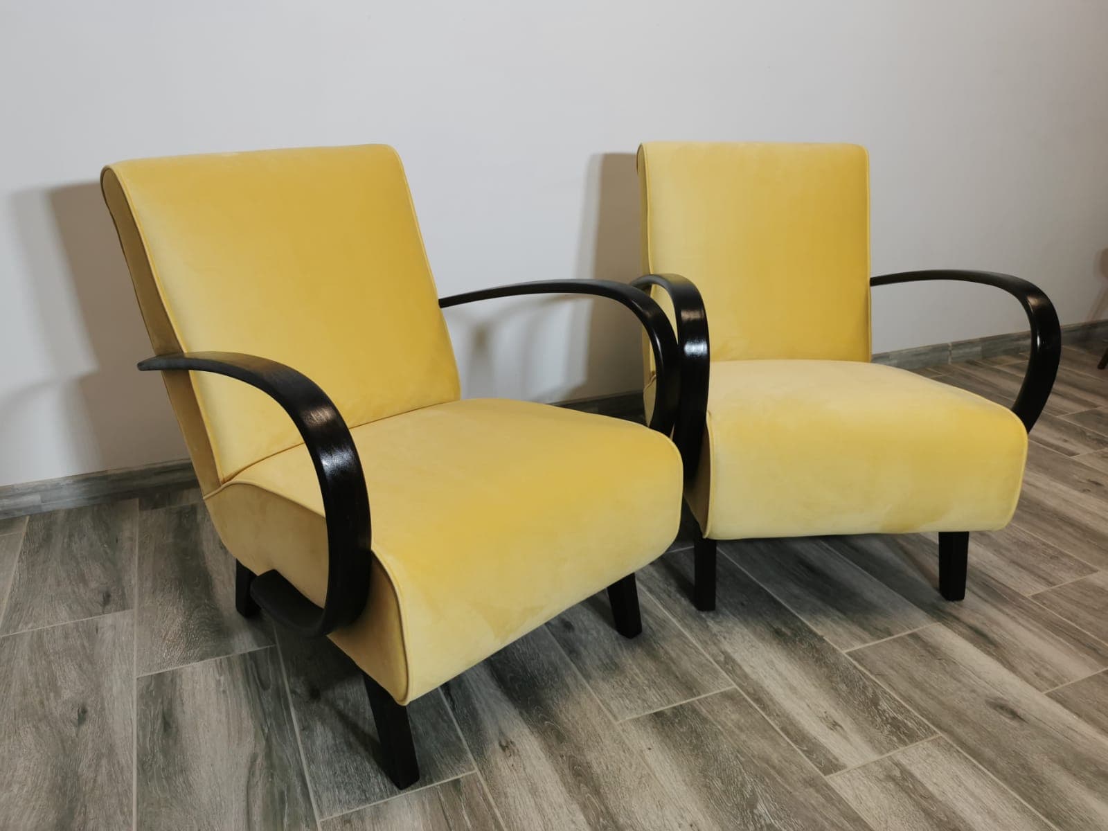 Pair of armchairs H 410, beige velvet, by J. Halabala, UP Závody, Czechoslovakia, 1960s. - 48606