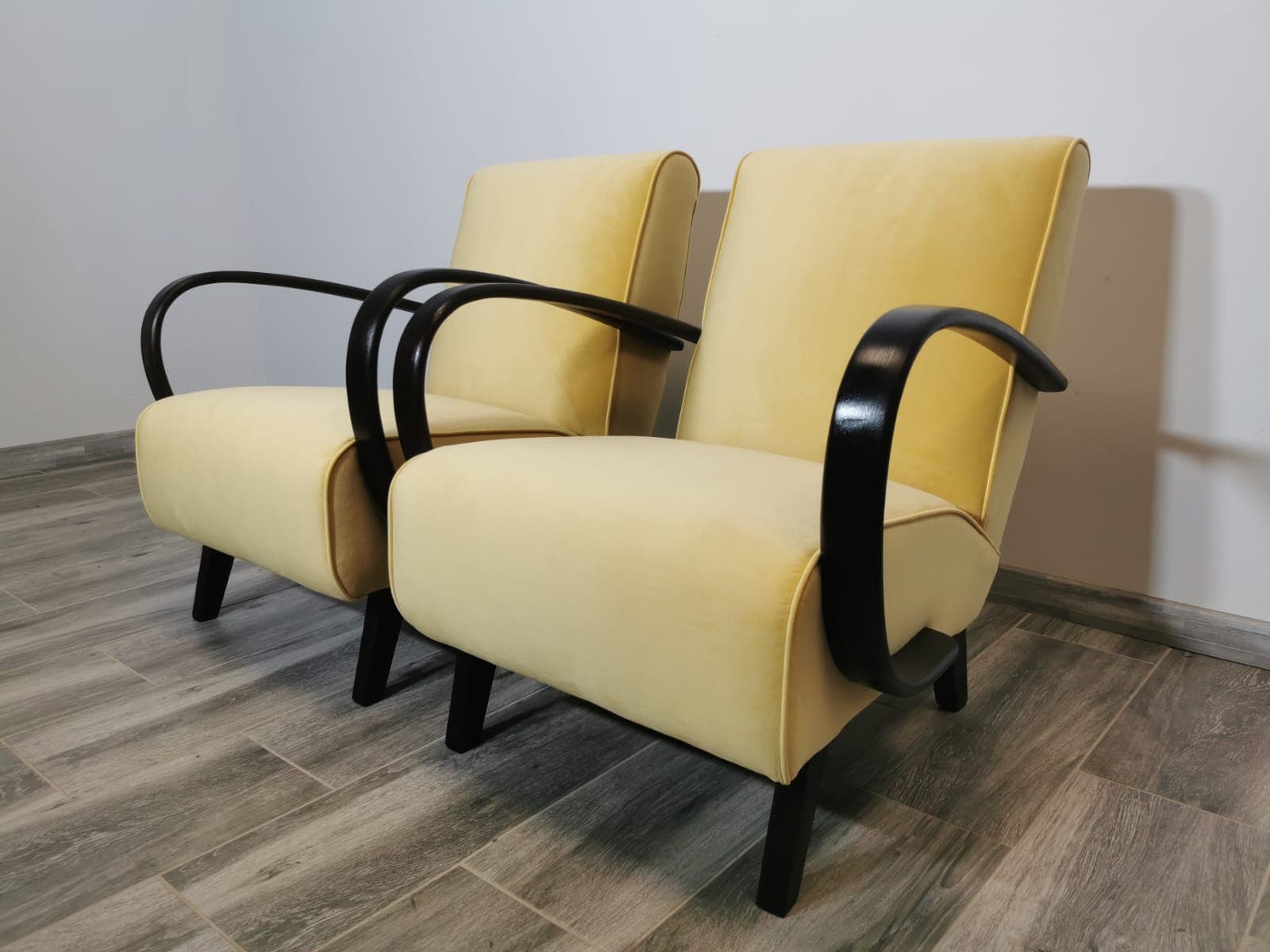 Pair of armchairs H 410, beige velvet, by J. Halabala, UP Závody, Czechoslovakia, 1960s. - 48605
